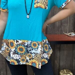 Vibrant Blue Floral and Leopard Print Women's Top